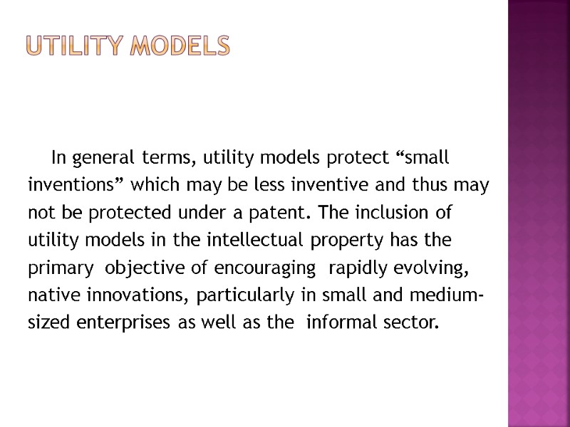 Utility Models    In general terms, utility models protect “small  inventions”